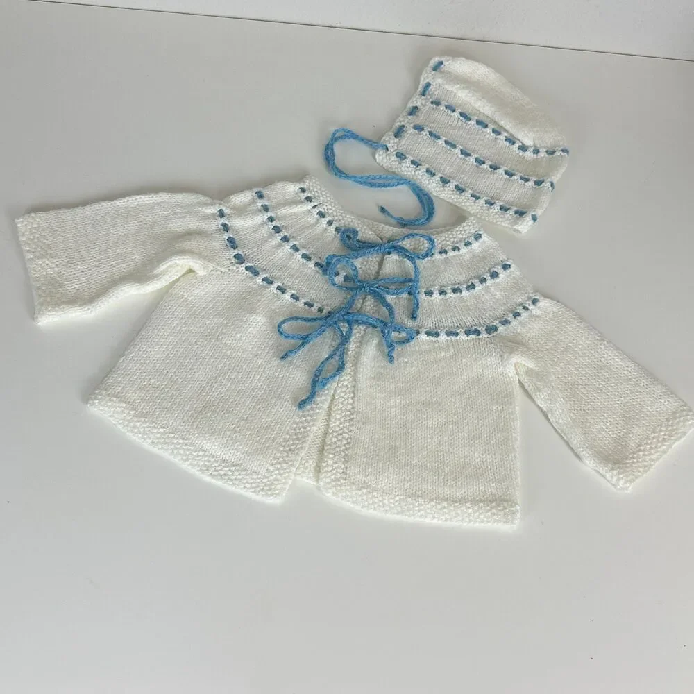 Vintage Handmade Knit Baby Doll White Blue Sweater & Bonnet Set, 70s
